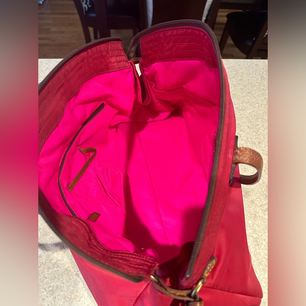 Vintage Dooney & Bourke Victoria Nylon Tote, Red w/ hot pink interior, leather - Picture 5 of 16